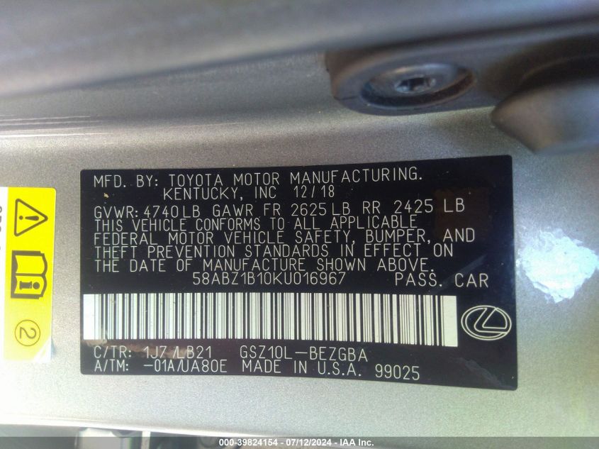 58ABZ1B10KU016967 2019 Lexus Es 350 Luxury