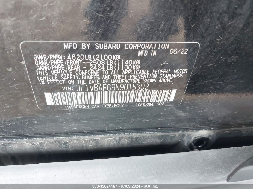 2022 Subaru Wrx Premium VIN: JF1VBAF69N9015302 Lot: 39824167