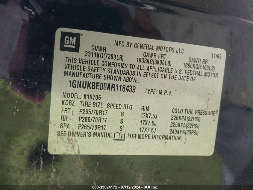 2010 Chevrolet Tahoe Lt VIN: 1GNUKBE00AR118439 Lot: 39824172