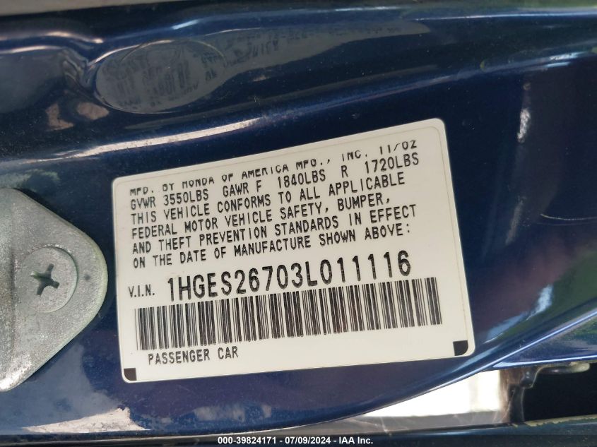 2003 Honda Civic Ex VIN: 1HGES26703L011116 Lot: 39824171