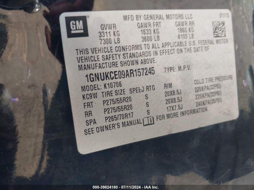 2010 Chevrolet Tahoe Ltz VIN: 1GNUKCE09AR157245 Lot: 39824180
