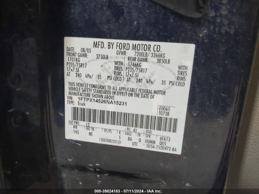 2006 Ford F-150 Fx4/Lariat/Xl/Xlt VIN: 1FTPX14526NA15231 Lot: 39824183