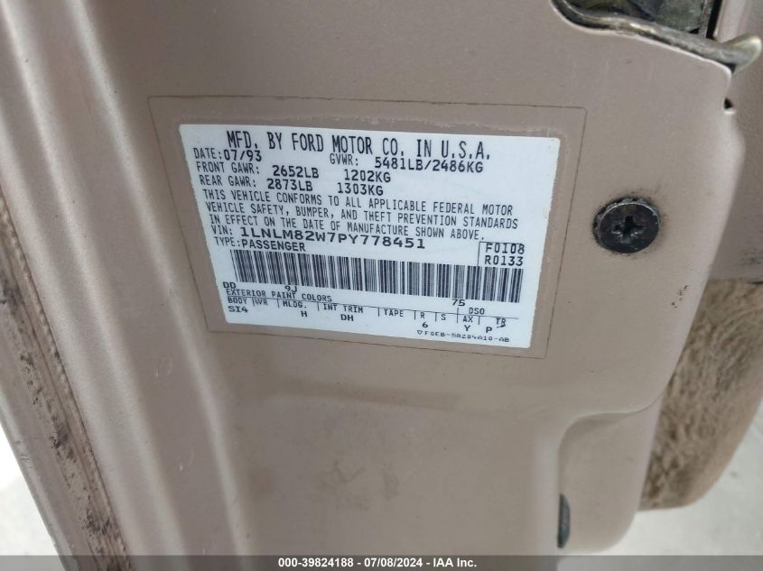 1993 Lincoln Town Car Signature/Jack Nicklaus VIN: 1LNLM82W7PY778451 Lot: 39824188