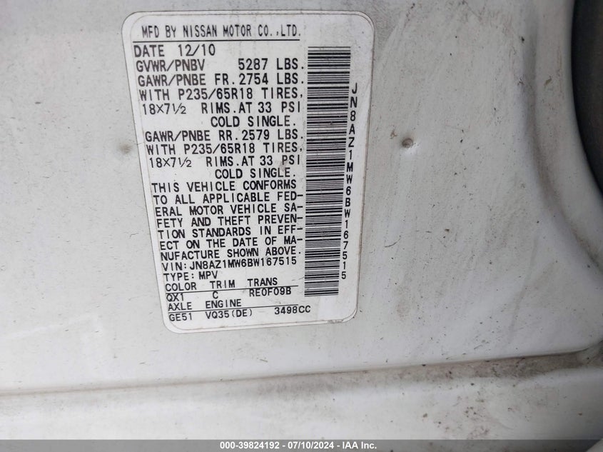 2011 Nissan Murano S/Sl/Le VIN: JN8AZ1MW6BW167515 Lot: 39824192