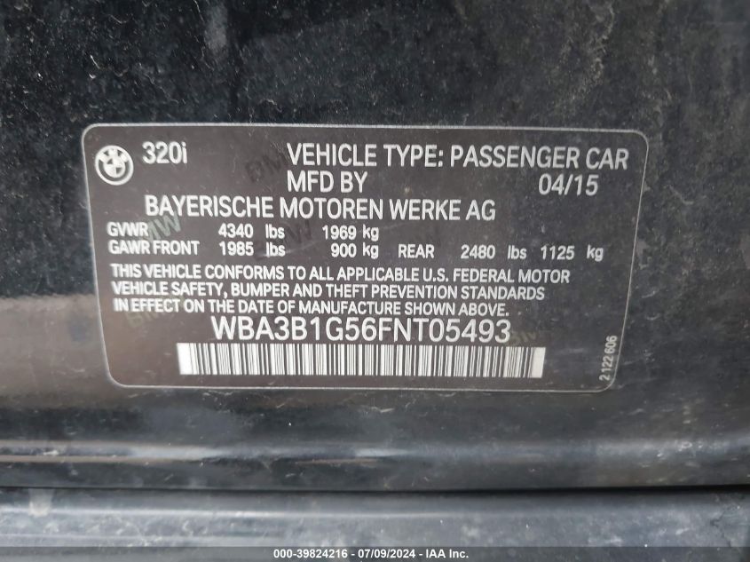 2015 BMW 320I VIN: WBA3B1G56FNT05493 Lot: 39824216
