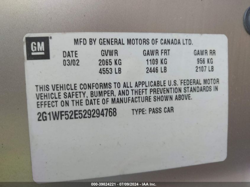 2002 Chevrolet Impala VIN: 2G1WF52E529294768 Lot: 39824221
