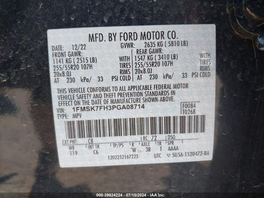 2023 Ford Explorer Limited VIN: 1FMSK7FH3PGA08714 Lot: 39824224