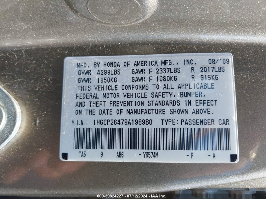 2009 Honda Accord 2.4 Lx-P VIN: 1HGCP26479A196980 Lot: 39824227