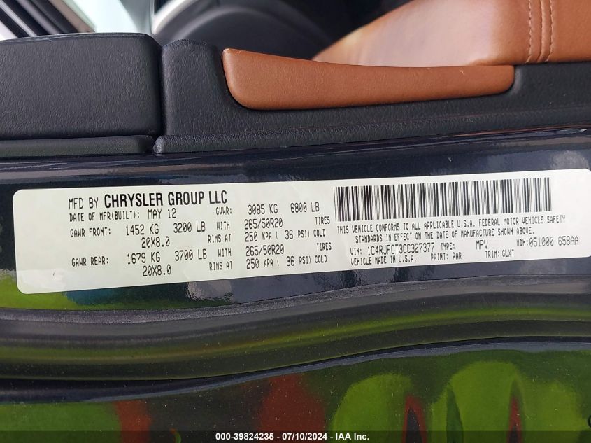 2012 Jeep Grand Cherokee Overland VIN: 1C4RJFCT3CC327377 Lot: 39824235