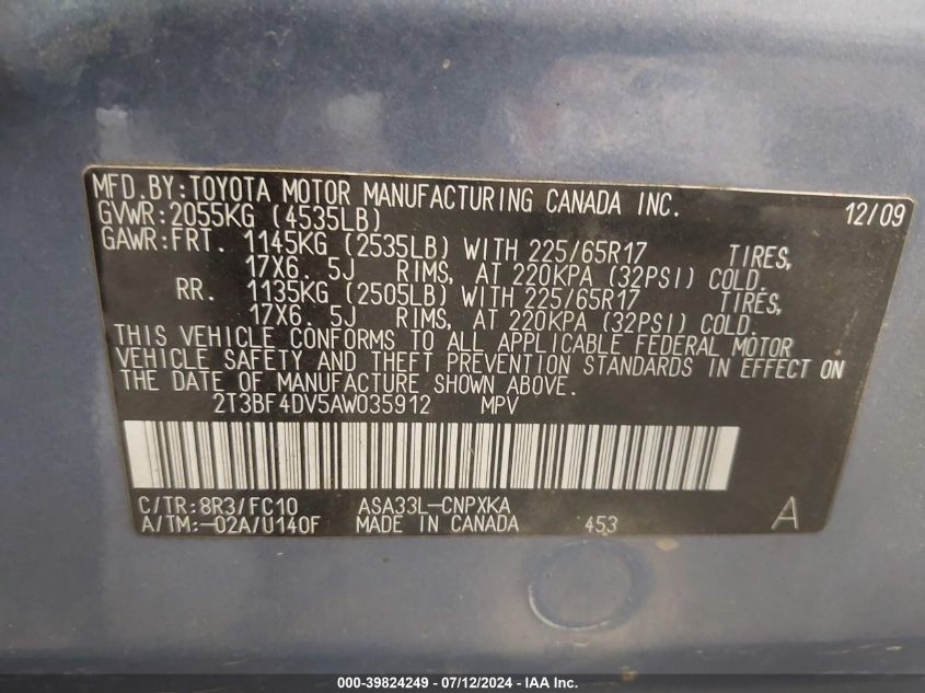 2010 Toyota Rav4 VIN: 2T3BF4DV5AW035912 Lot: 39824249