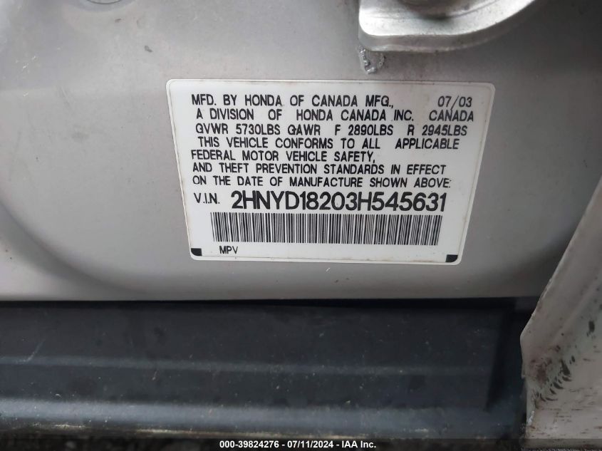 2003 Acura Mdx VIN: 2HNYD18203H545631 Lot: 39824276