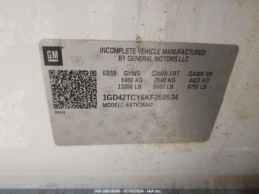 2019 GMC Sierra K3500 VIN: 1GD42TCY6KF258534 Lot: 39824305