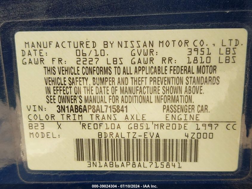 2010 Nissan Sentra 2.0/2.0S/Sr/2.0Sl VIN: 3N1AB6AP8AL715841 Lot: 39824304