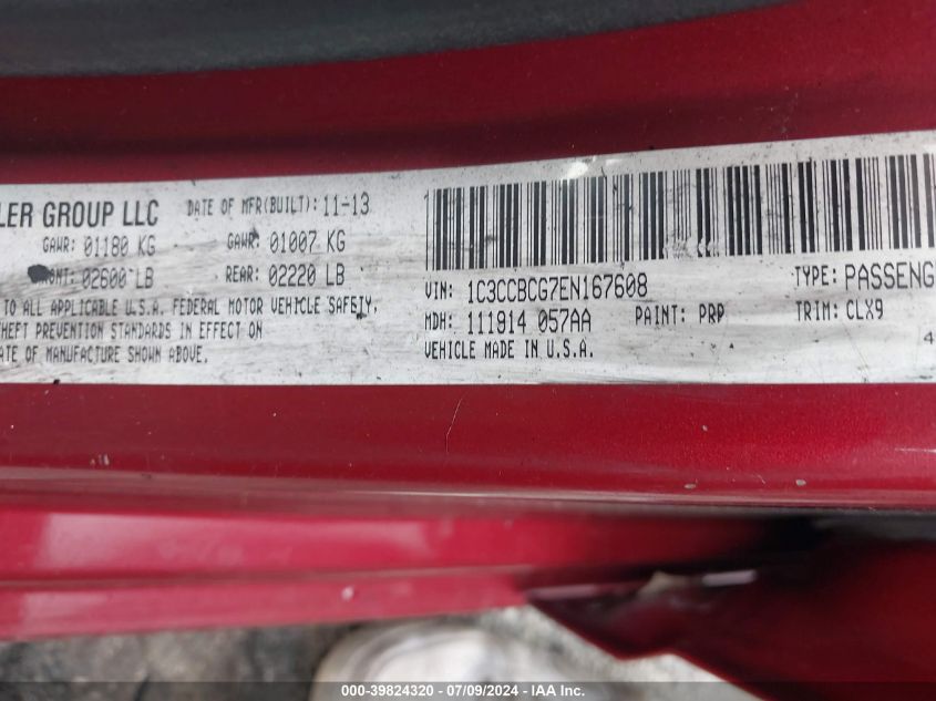 2014 Chrysler 200 Limited VIN: 1C3CCBCG7EN167608 Lot: 39824320