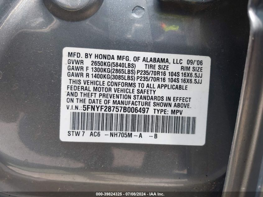 2007 Honda Pilot Ex-L VIN: 5FNYF28757B006497 Lot: 39824325