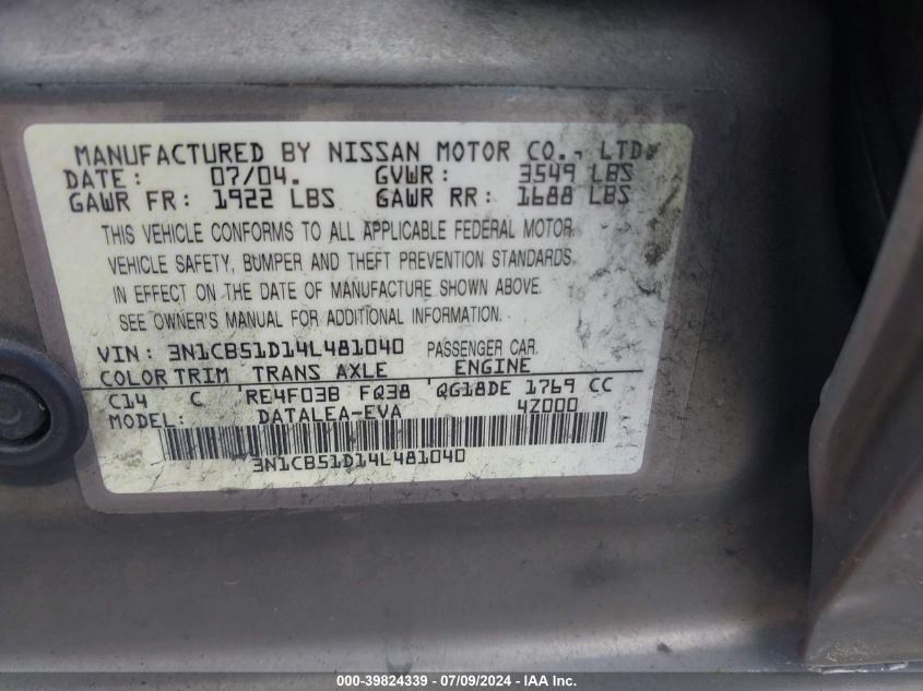 2004 Nissan Sentra 1.8S VIN: 3N1CB51D14L481040 Lot: 39824339