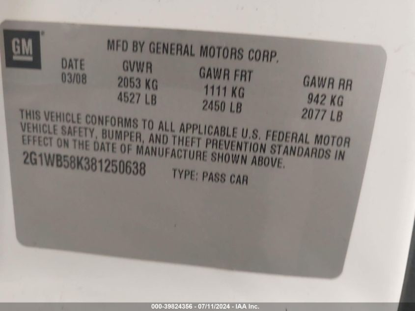 2008 Chevrolet Impala Ls VIN: 2G1WB58K381250638 Lot: 39824356