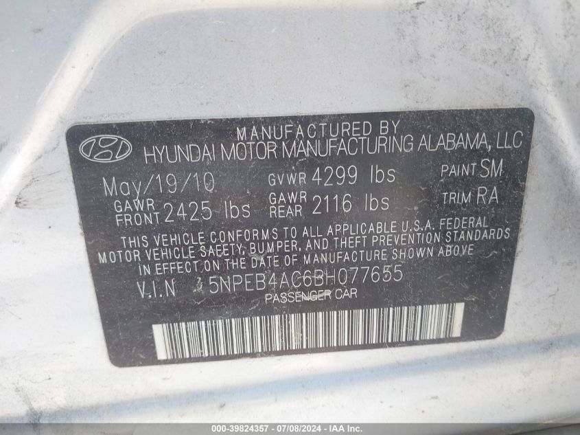 5NPEB4AC6BH077655 | 2011 HYUNDAI SONATA