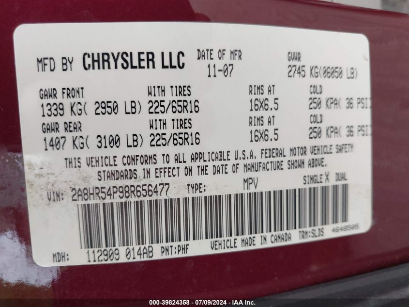 2008 Chrysler Town & Country Touring VIN: 2A8HR54P98R656477 Lot: 39824358