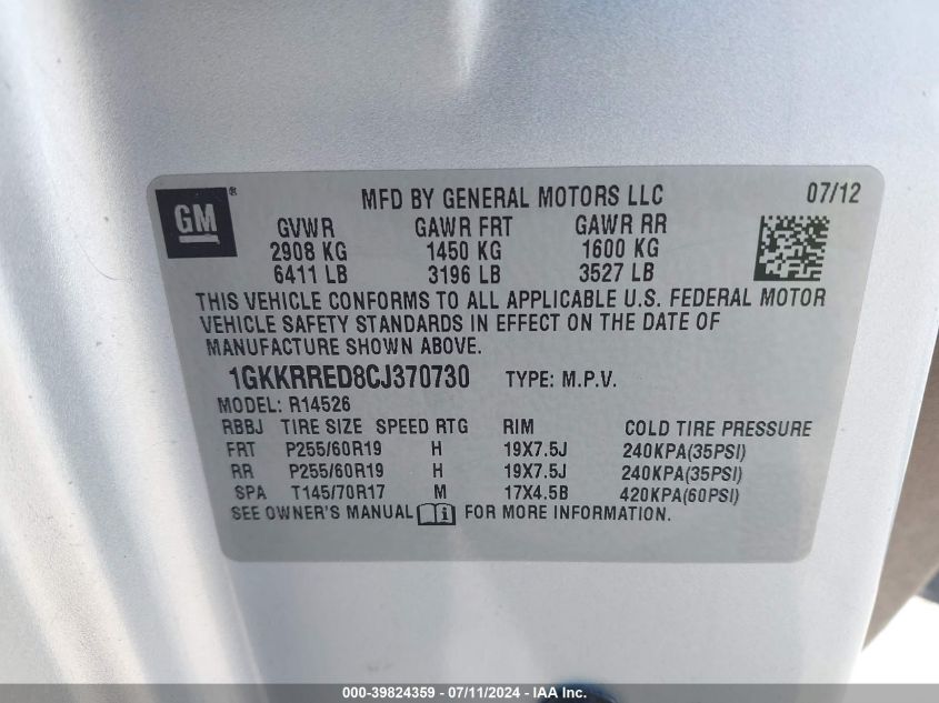 2012 GMC Acadia Slt-1 VIN: 1GKKRRED8CJ370730 Lot: 39824359