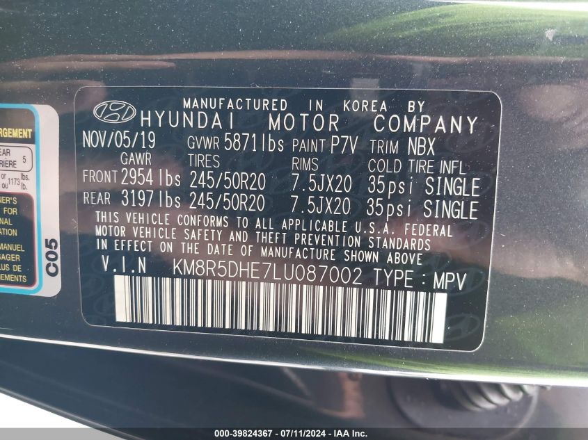 2020 Hyundai Palisade Limited VIN: KM8R5DHE7LU087002 Lot: 39824367