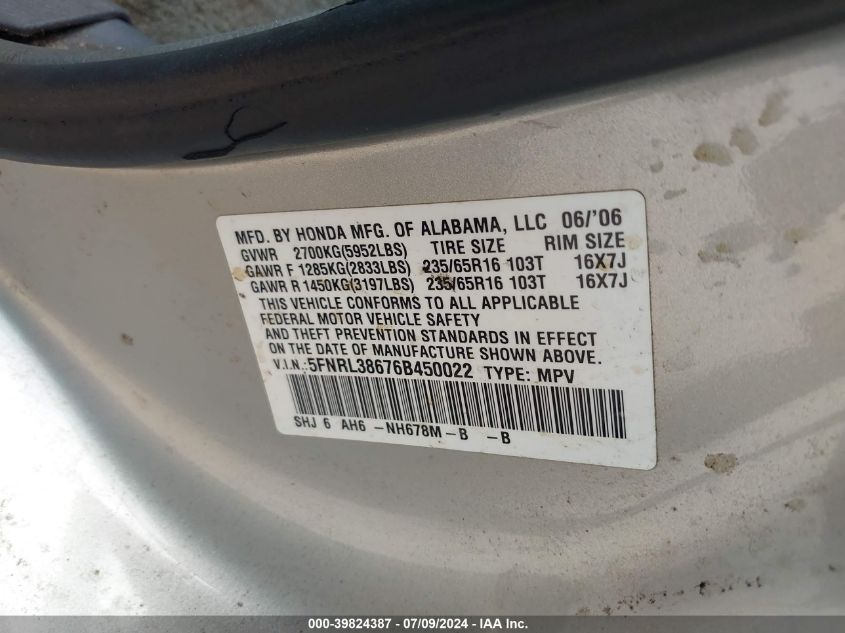 2006 Honda Odyssey Ex-L VIN: 5FNRL38676B450022 Lot: 39824387