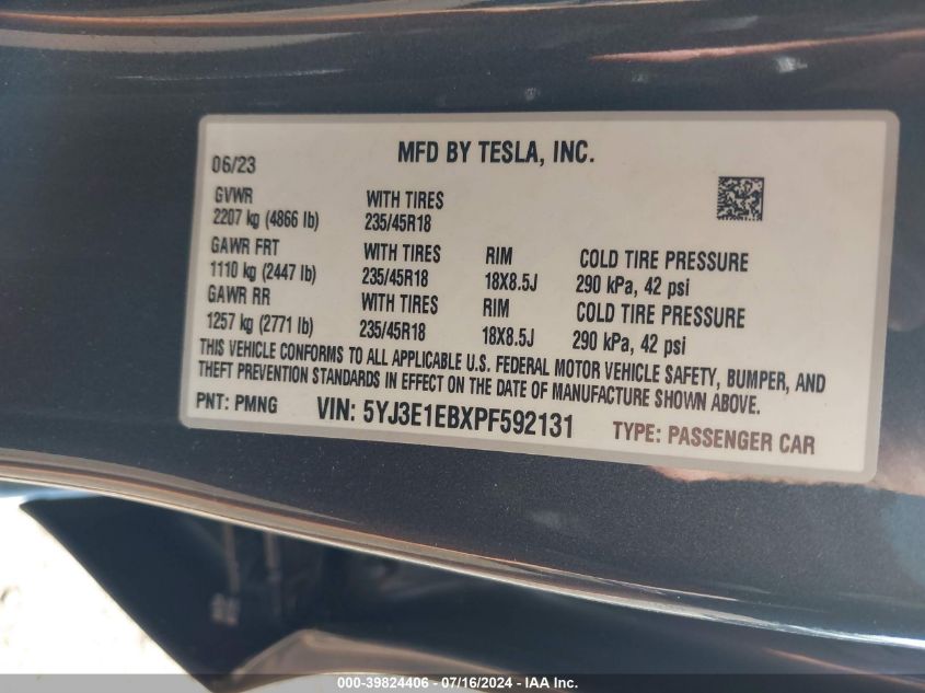 2023 Tesla Model 3 Long Range Dual Motor All-Wheel Drive VIN: 5YJ3E1EBXPF592131 Lot: 39824406