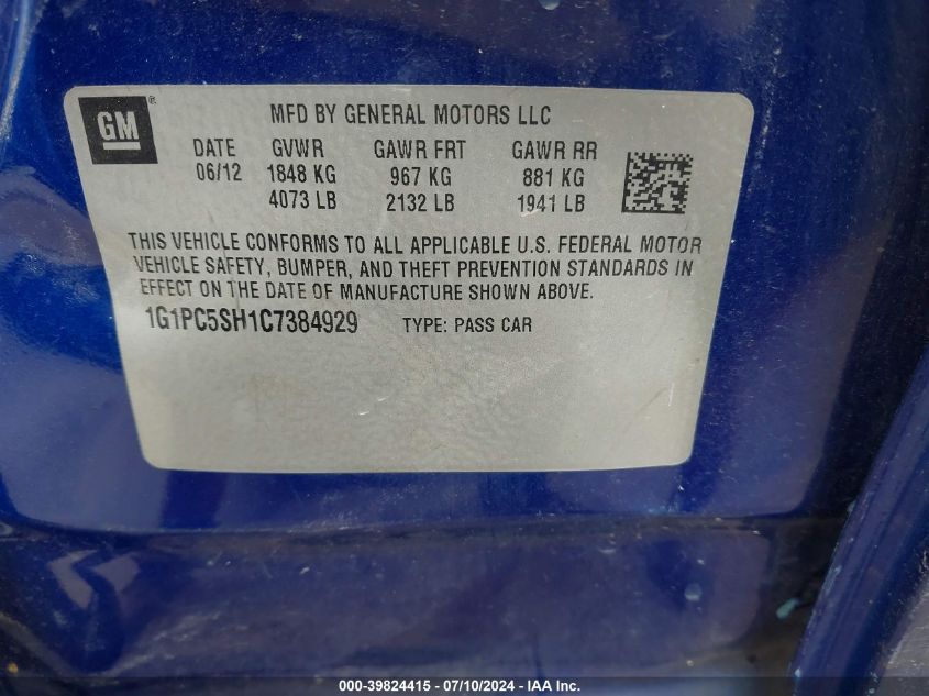 2012 Chevrolet Cruze Ls VIN: 1G1PC5SH1C7384929 Lot: 39824415