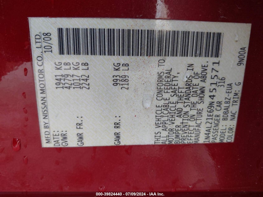 2009 Nissan Altima 2.5 S VIN: 1N4AL21E69N451571 Lot: 39824440