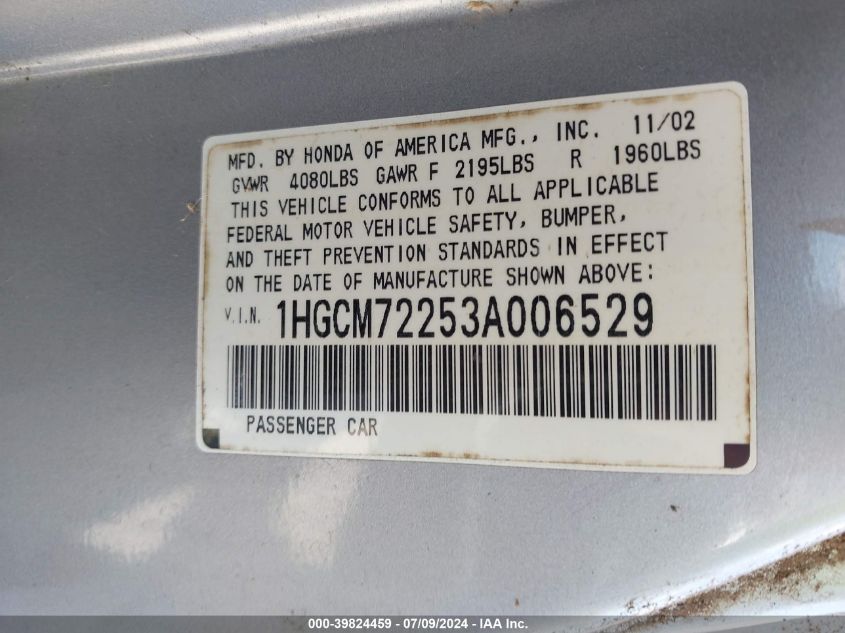 1HGCM72253A006529 2003 Honda Accord 2.4 Lx