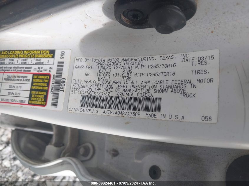 2015 Toyota Tacoma Base V6 VIN: 5TFLU4EN6FX133732 Lot: 39824461