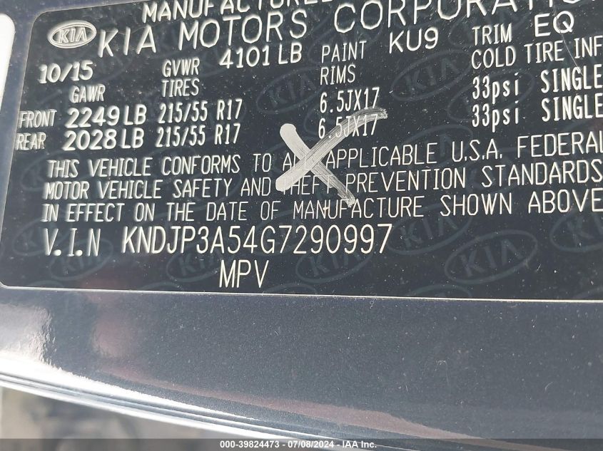 2016 Kia Soul + VIN: KNDJP3A54G7290997 Lot: 39824473