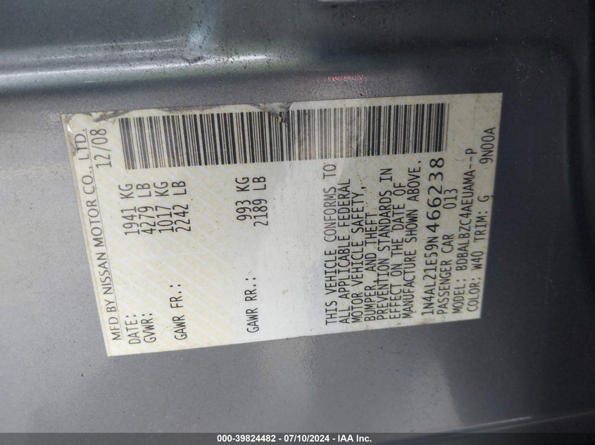 2009 Nissan Altima 2.5/2.5S VIN: 1N4AL21E59N466238 Lot: 39824482