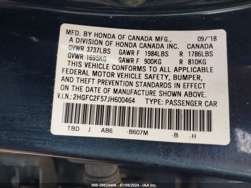 2018 Honda Civic Lx VIN: 2HGFC2F57JH600464 Lot: 39824486