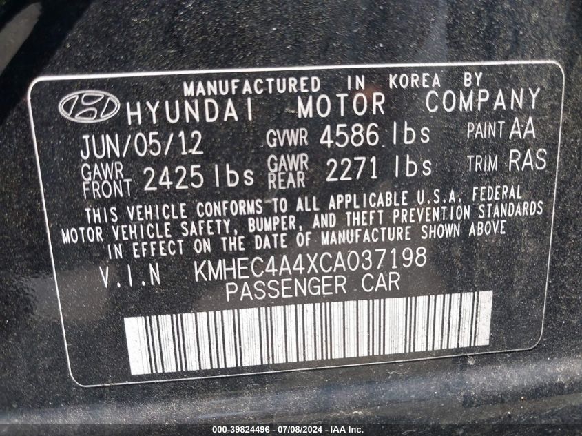 KMHEC4A4XCA037198 2012 Hyundai Sonata Hybrid