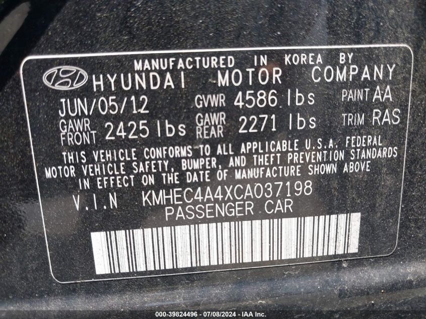 2012 Hyundai Sonata Hybrid VIN: KMHEC4A4XCA037198 Lot: 39824496