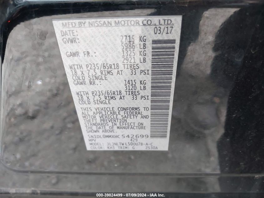 2017 Infiniti Qx60 VIN: 5N1DL0MMXHC542699 Lot: 39824499