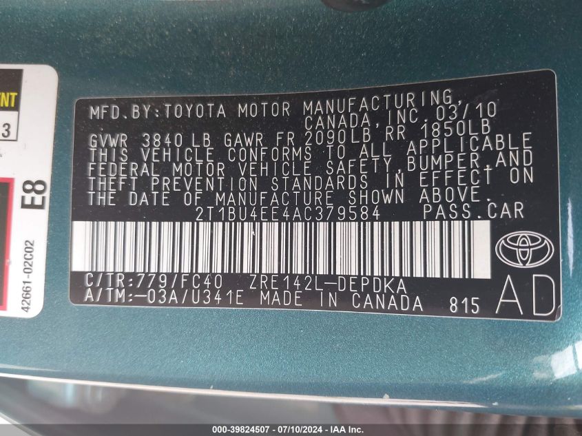 2010 Toyota Corolla Le VIN: 2T1BU4EE4AC379584 Lot: 39824507