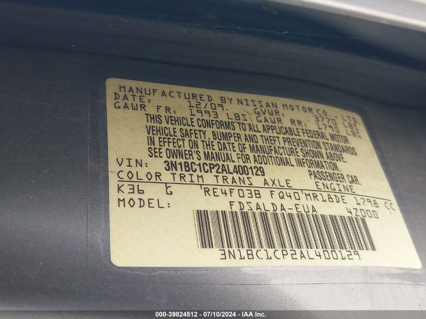 2010 Nissan Versa S/Sl VIN: 3N1BC1CP2AL400129 Lot: 39824512