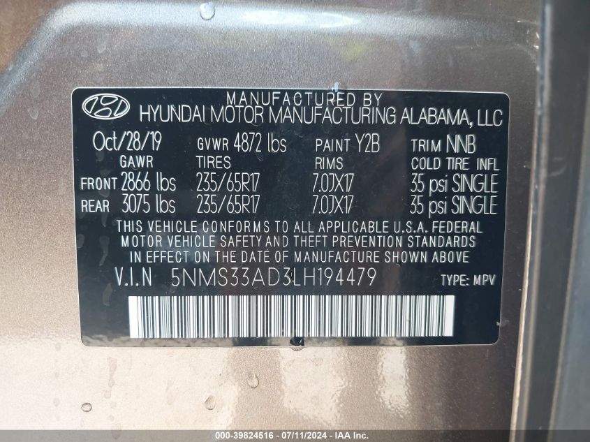 2020 Hyundai Santa Fe Sel VIN: 5NMS33AD3LH194479 Lot: 39824516