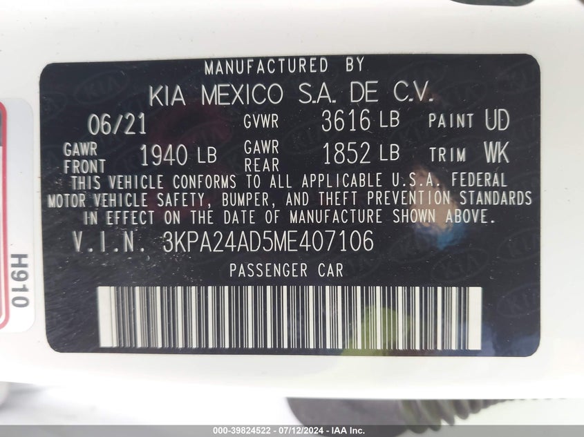 VIN 3KPA24AD5ME407106 2021 KIA RIO S