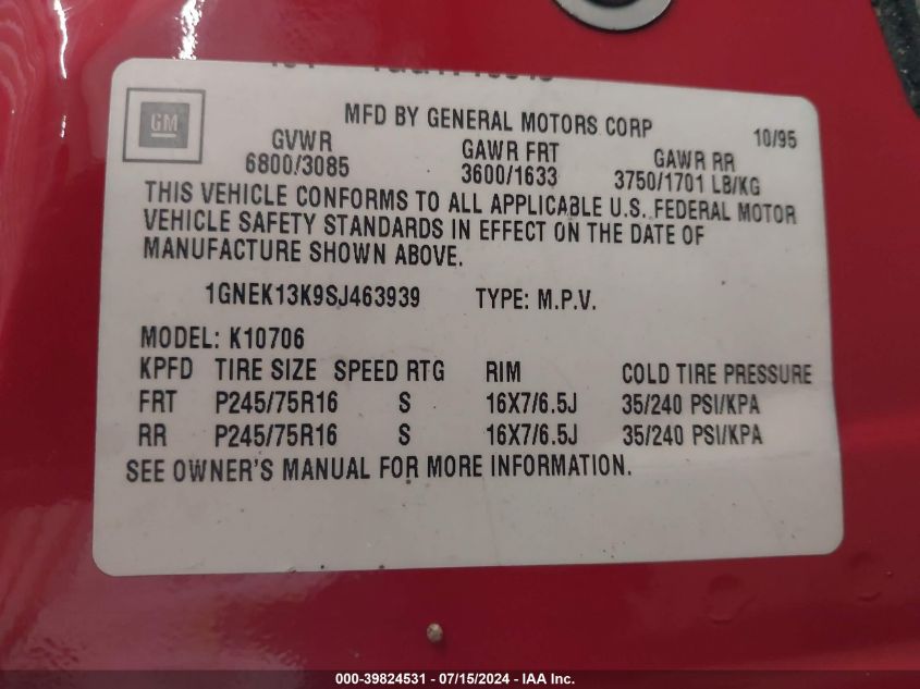 1995 Chevrolet Tahoe K1500 VIN: 1GNEK13K9SJ463939 Lot: 39824531