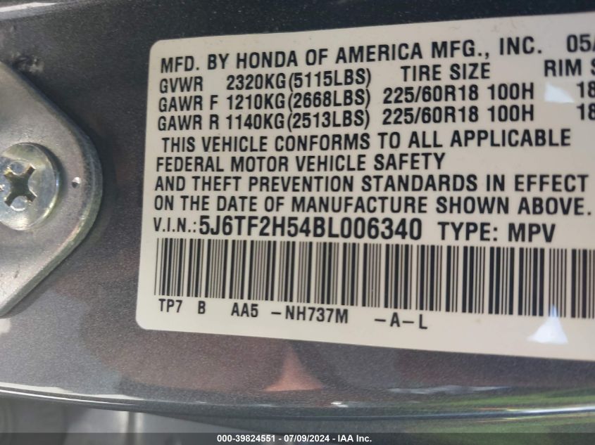 2011 Honda Accord Crosstour Ex-L VIN: 5J6TF2H54BL006340 Lot: 39824551