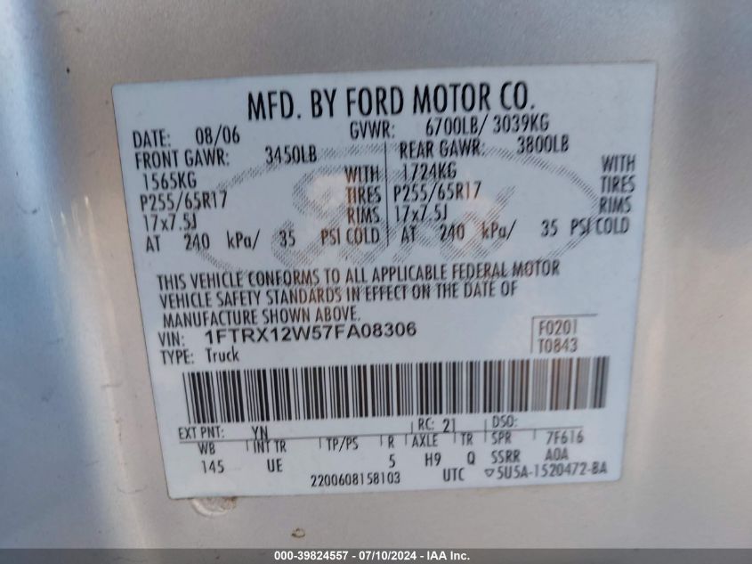 2007 Ford F-150 Stx/Xl/Xlt VIN: 1FTRX12W57FA08306 Lot: 39824557