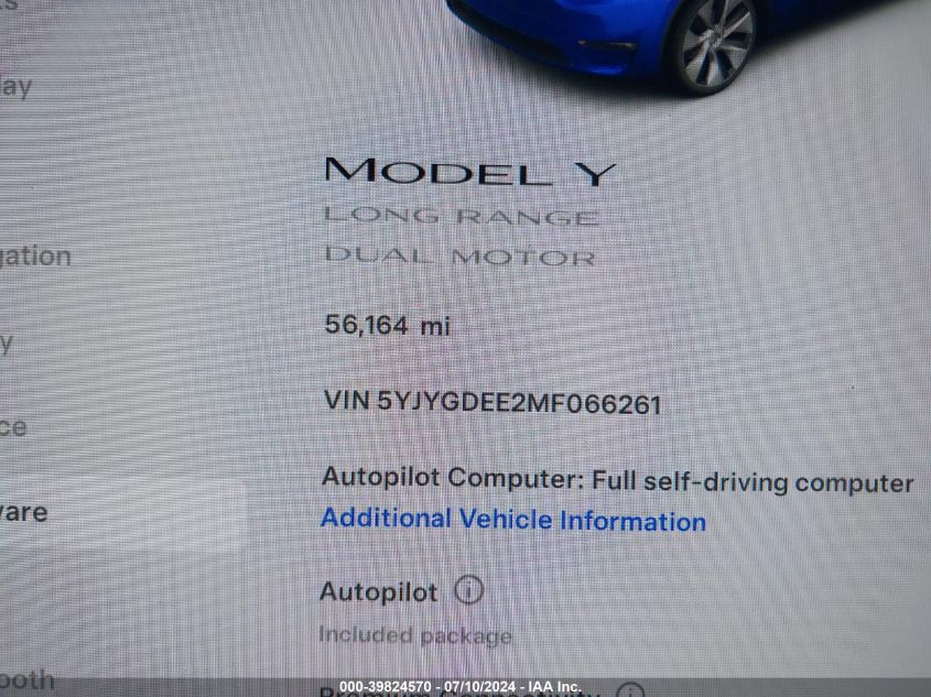 2021 Tesla Model Y Long Range Dual Motor All-Wheel Drive VIN: 5YJYGDEE2MF066261 Lot: 39824570