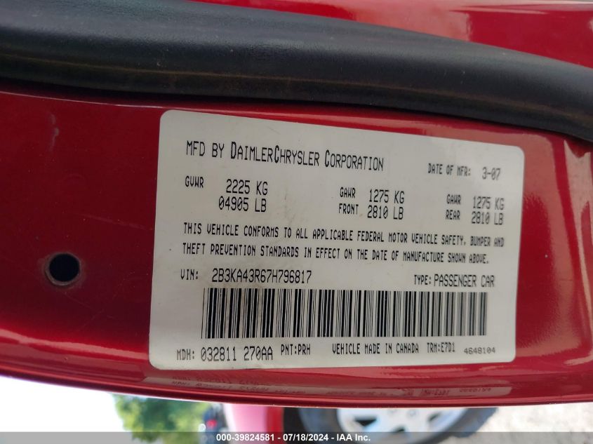 2007 Dodge Charger Se/Sxt VIN: 2B3KA43R67H796817 Lot: 39824581