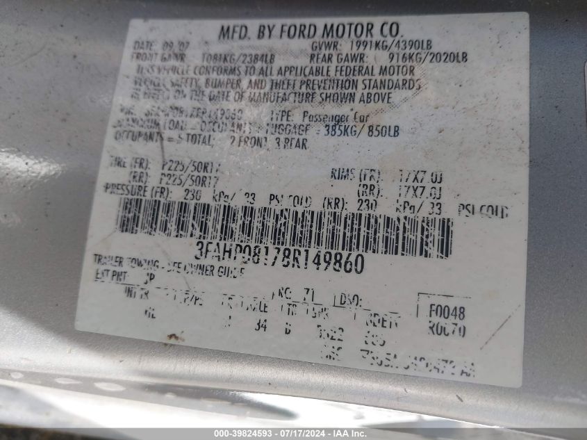 2008 Ford Fusion Sel VIN: 3FAHP08178R149860 Lot: 39824593