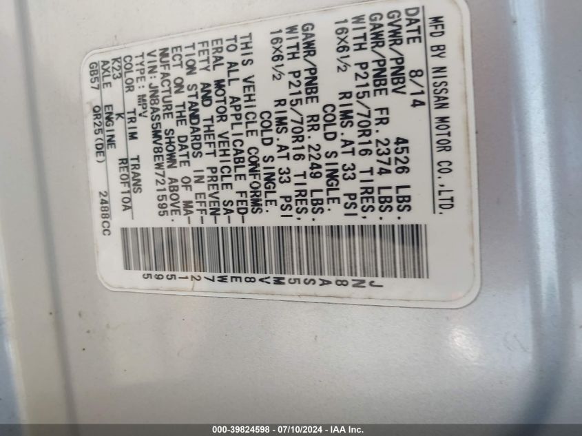 2014 Nissan Rogue Select S VIN: JN8AS5MV8EW721595 Lot: 39824598