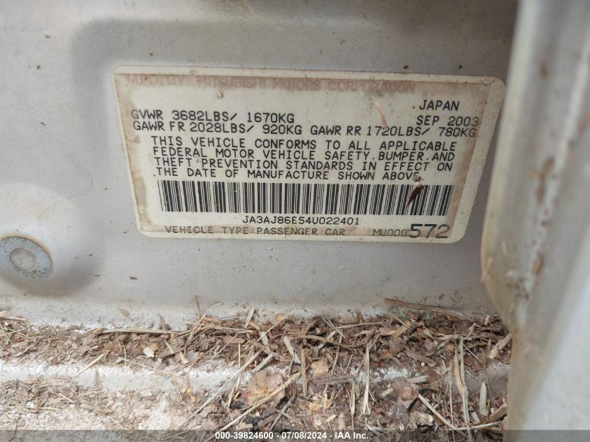 2004 Mitsubishi Lancer Oz Rally VIN: JA3AJ86E54U022401 Lot: 39824600