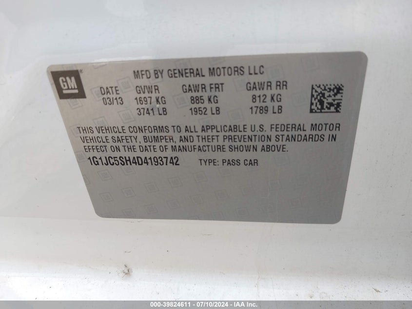 2013 Chevrolet Sonic Lt VIN: 1G1JC5SH4D4193742 Lot: 39824611